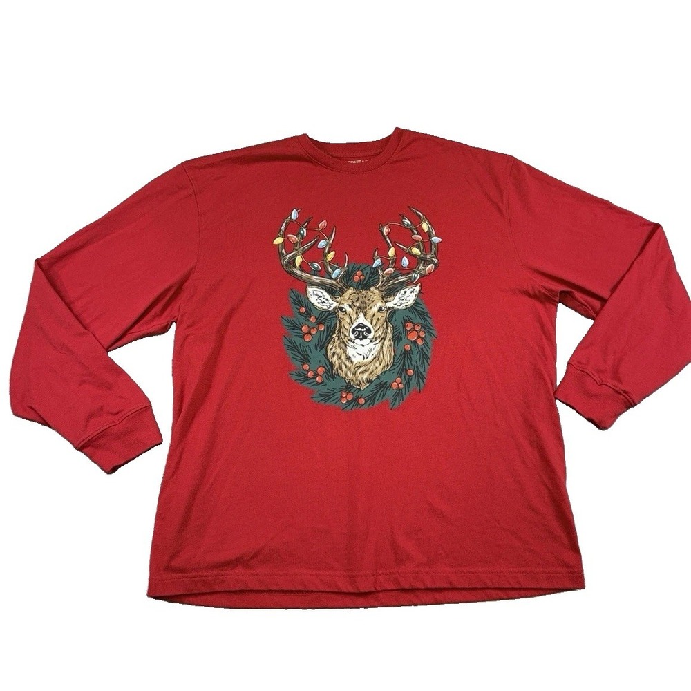RedHead Men's Christmas Holiday Buck Antler Lights Long-Sleeve T-Shirt Size XL